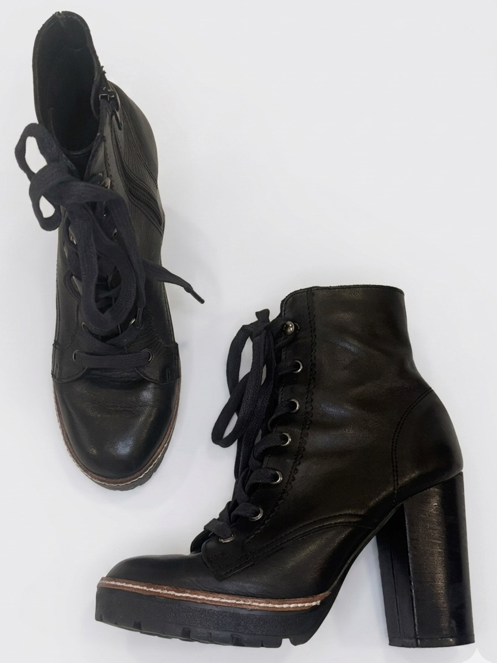 Chelsea & Violet Lexie Black Leather Platform Combat Boots Side Zip 7M GUC